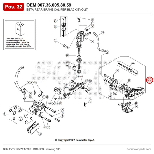 BETA REAR BRAKE CALIPER BLACK EVO 2T – OEM 007.36.005.80.59, position 32 on the Beta EVO 125 2T MY25 brakes drawing
