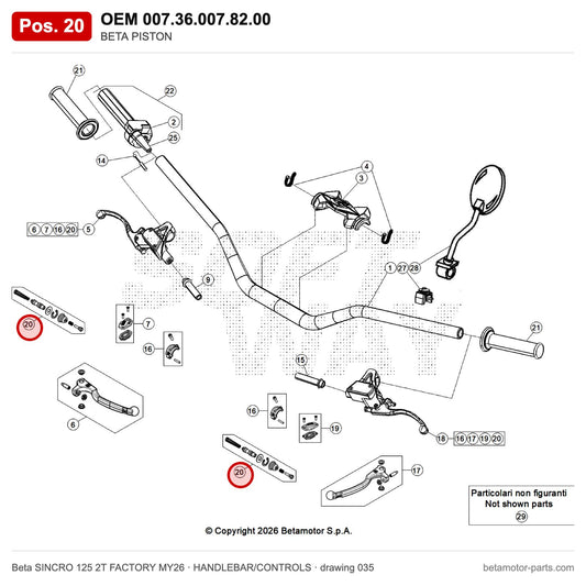BETA PISTON – OEM 007.36.007.82.00, position 20 on the Beta SINCRO 125 2T FACTORY MY26 handlebar/controls drawing