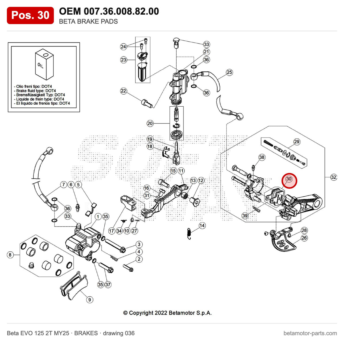 BETA BRAKE PADS – OEM 007.36.008.82.00, position 30 on the Beta EVO 125 2T MY25 brakes drawing
