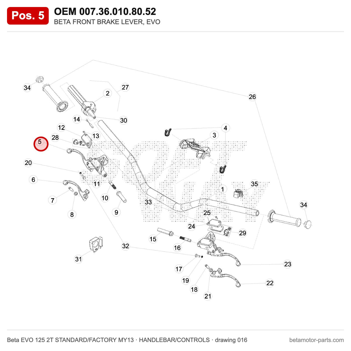 BETA FRONT BRAKE LEVER, EVO – OEM 007.36.010.80.52, position 5 on the Beta EVO 125 2T STANDARD/FACTORY MY13 handlebar/controls drawing