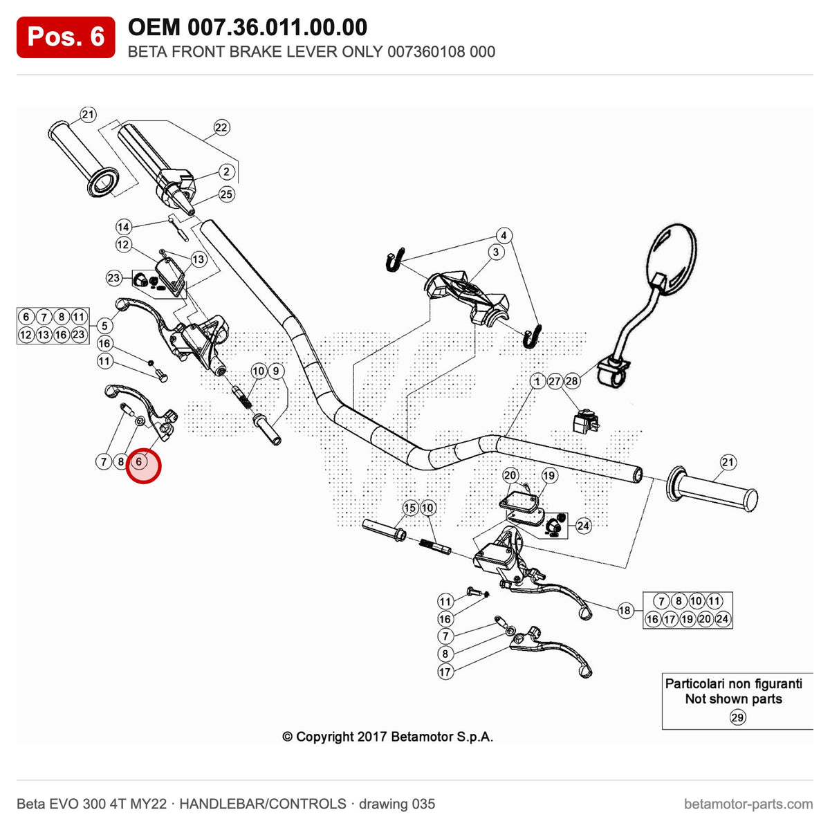 BETA FRONT BRAKE LEVER ONLY 007360108 000 – OEM 007.36.011.00.00, position 6 on the Beta EVO 300 4T MY22 handlebar/controls drawing