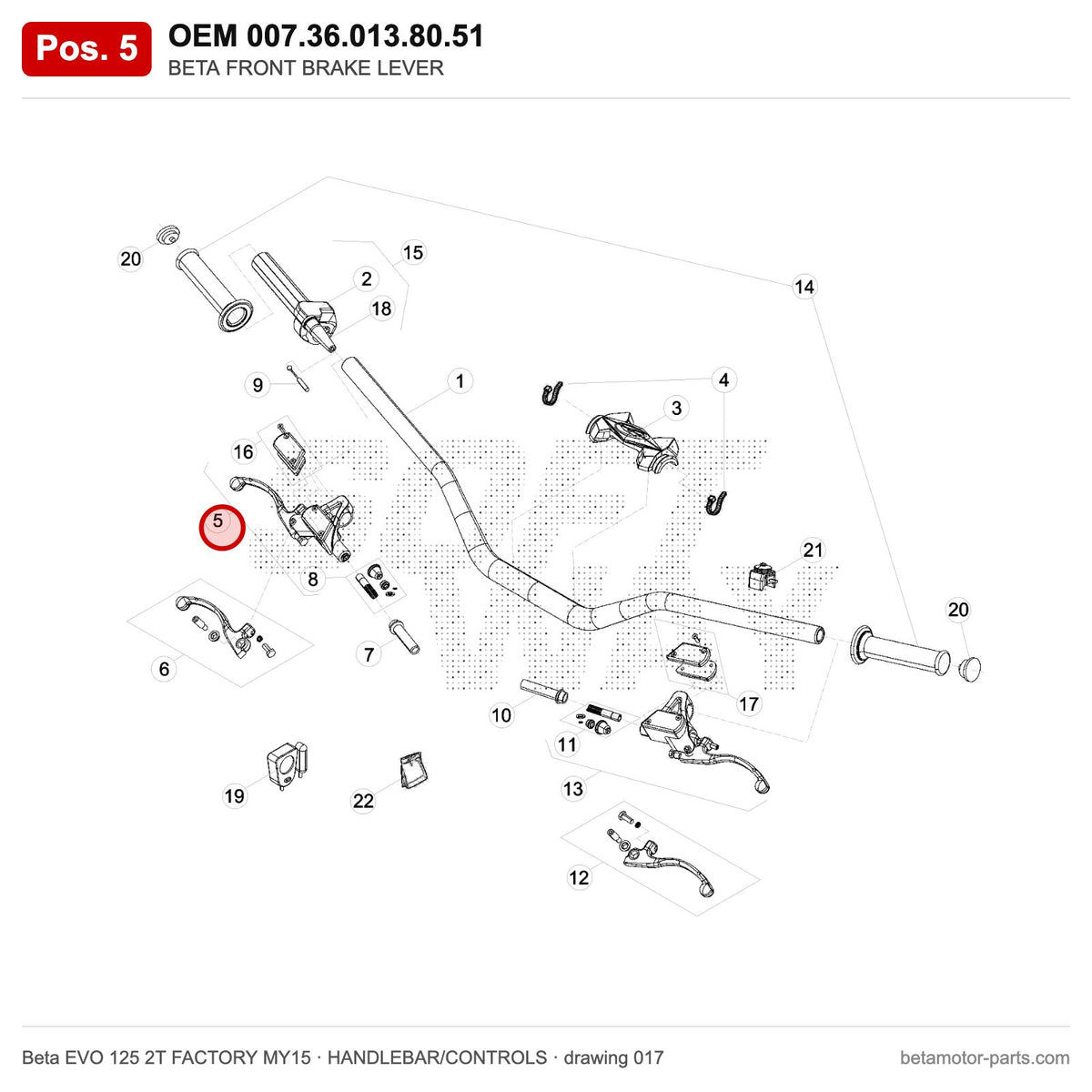 BETA FRONT BRAKE LEVER – OEM 007.36.013.80.51, position 5 on the Beta EVO 125 2T FACTORY MY15 handlebar/controls drawing