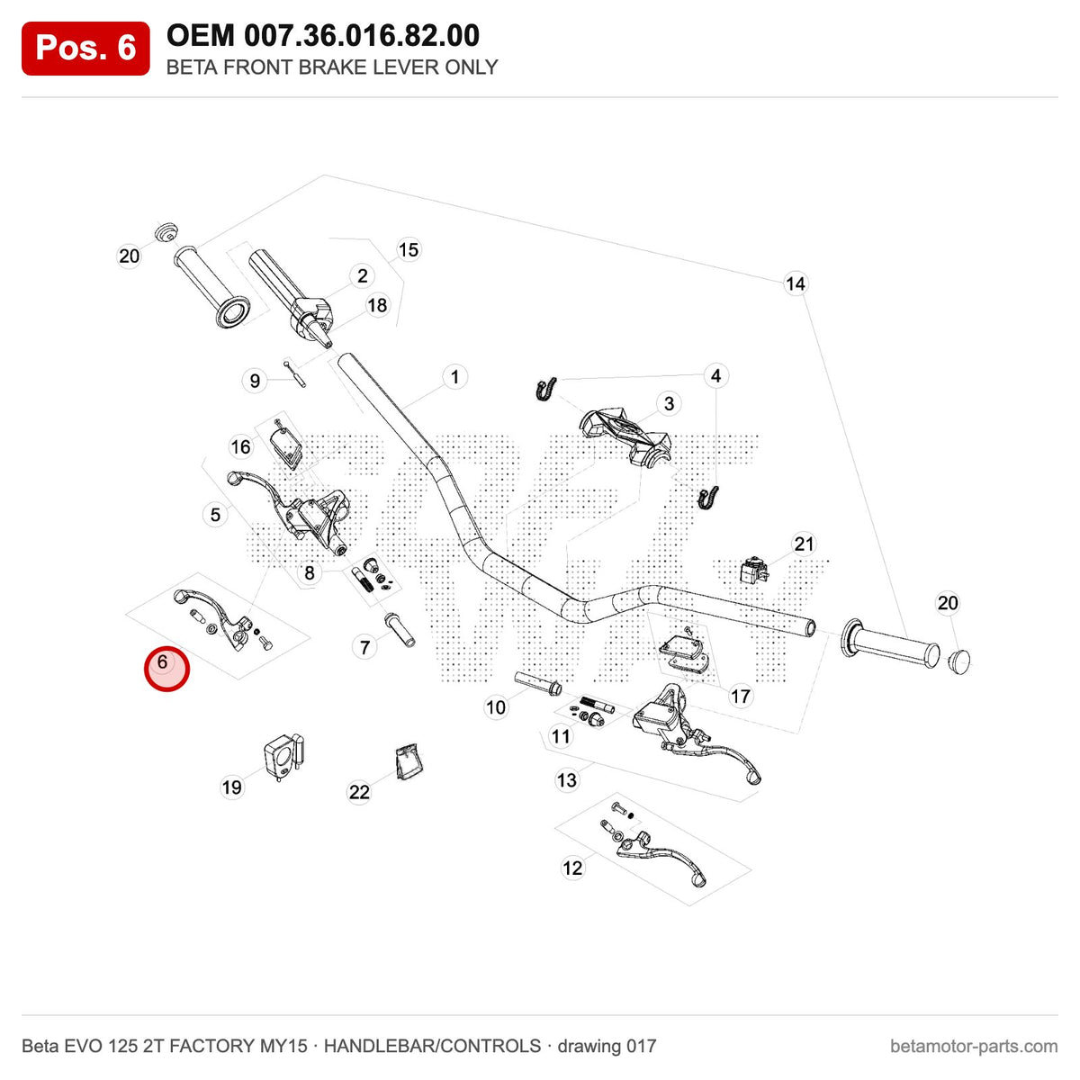 BETA FRONT BRAKE LEVER ONLY – OEM 007.36.016.82.00, position 6 on the Beta EVO 125 2T FACTORY MY15 handlebar/controls drawing