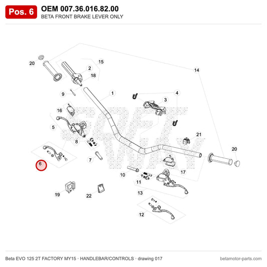 BETA FRONT BRAKE LEVER ONLY – OEM 007.36.016.82.00, position 6 on the Beta EVO 125 2T FACTORY MY15 handlebar/controls drawing