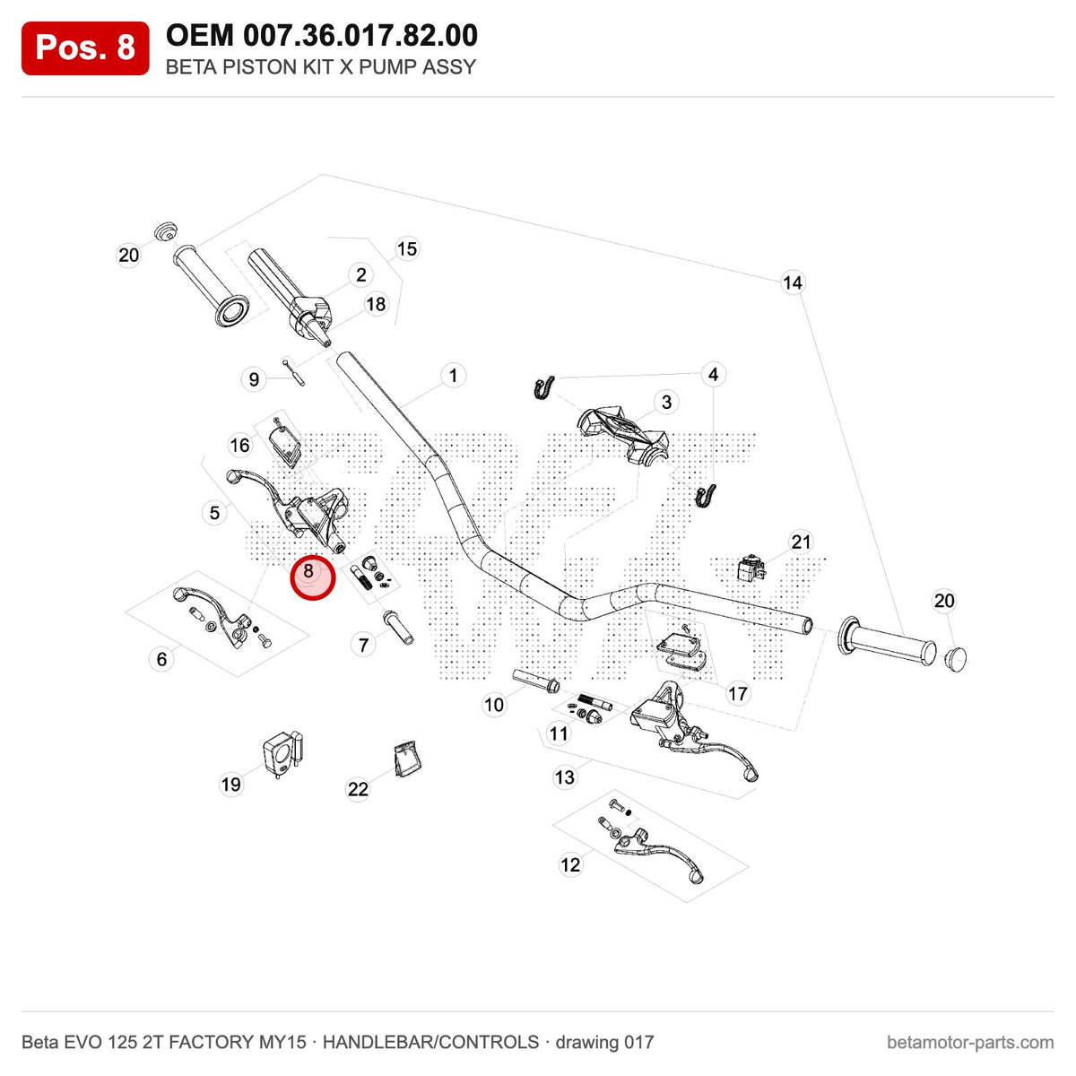 BETA PISTON KIT X PUMP ASSY – OEM 007.36.017.82.00, position 8 on the Beta EVO 125 2T FACTORY MY15 handlebar/controls drawing