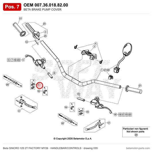 BETA BRAKE PUMP COVER – OEM 007.36.018.82.00, position 7 on the Beta SINCRO 125 2T FACTORY MY26 handlebar/controls drawing