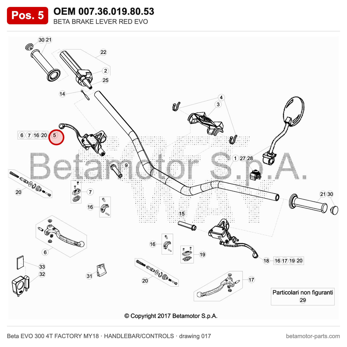 BETA BRAKE LEVER RED EVO – OEM 007.36.019.80.53, position 5 on the Beta EVO 300 4T FACTORY MY18 handlebar/controls drawing