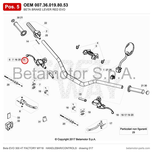 BETA BRAKE LEVER RED EVO – OEM 007.36.019.80.53, position 5 on the Beta EVO 300 4T FACTORY MY18 handlebar/controls drawing