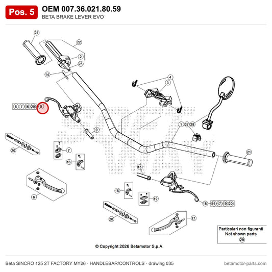 BETA BRAKE LEVER EVO – OEM 007.36.021.80.59, position 5 on the Beta SINCRO 125 2T FACTORY MY26 handlebar/controls drawing