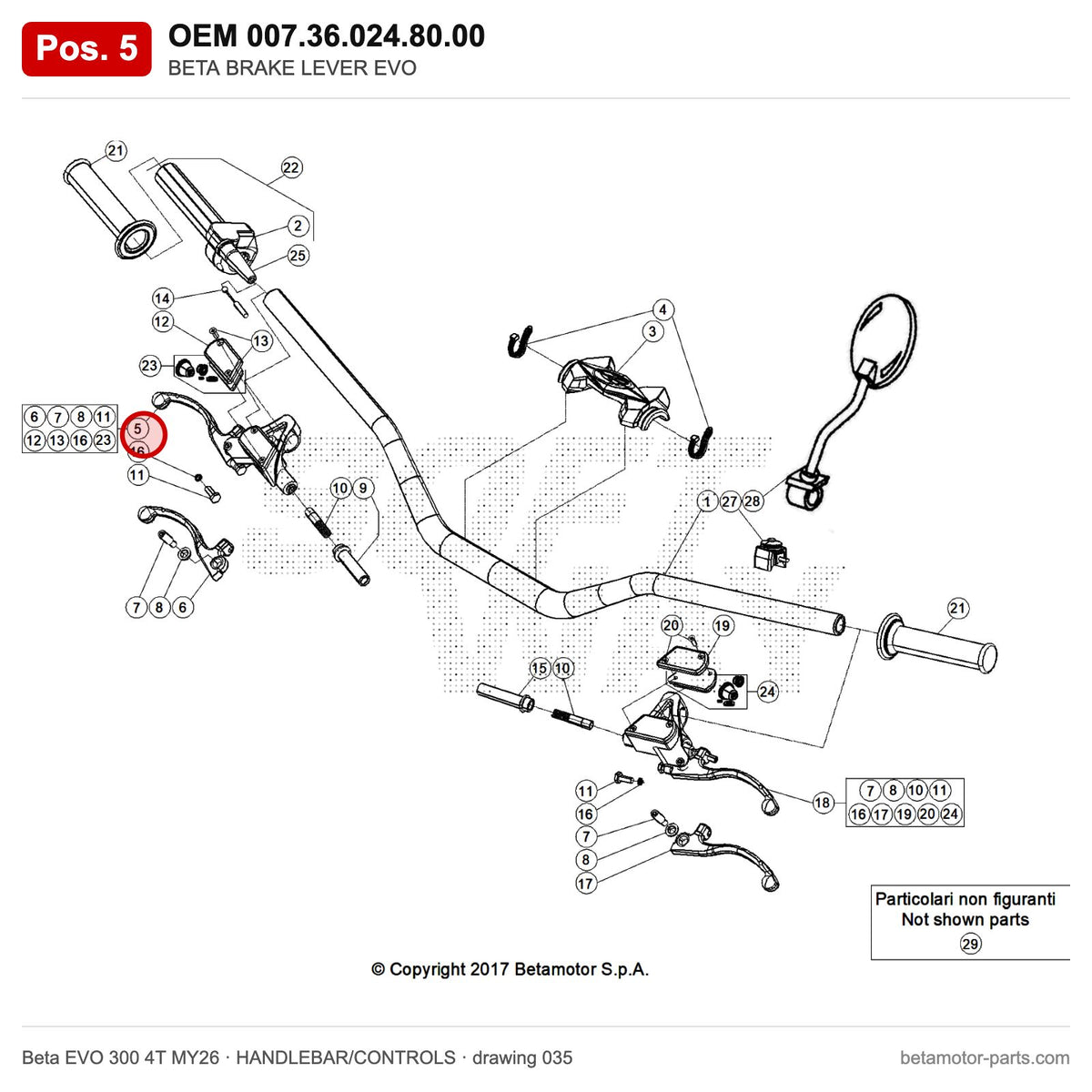 BETA BRAKE LEVER EVO – OEM 007.36.024.80.00, position 5 on the Beta EVO 300 4T MY26 handlebar/controls drawing