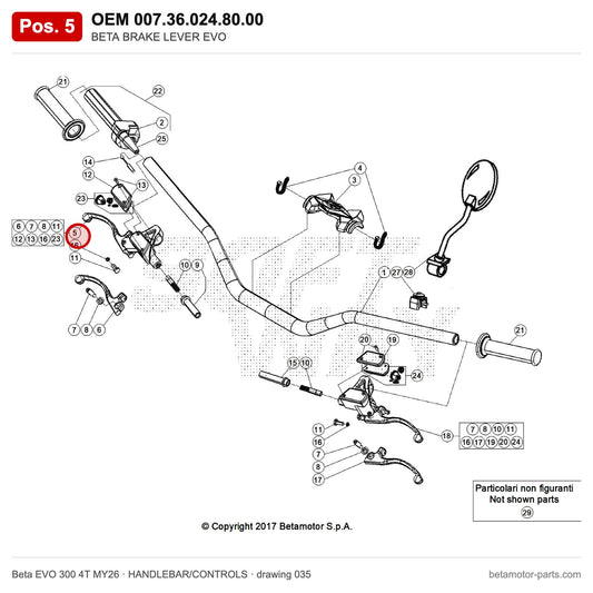 BETA BRAKE LEVER EVO – OEM 007.36.024.80.00, position 5 on the Beta EVO 300 4T MY26 handlebar/controls drawing