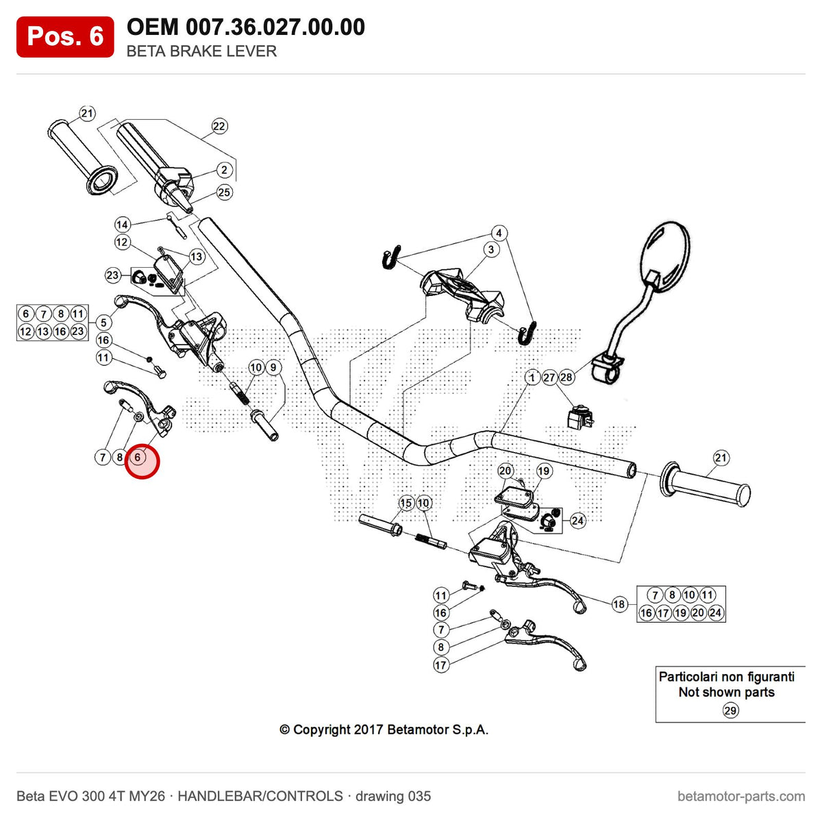 BETA BRAKE LEVER – OEM 007.36.027.00.00, position 6 on the Beta EVO 300 4T MY26 handlebar/controls drawing