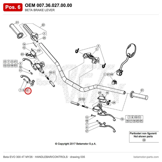 BETA BRAKE LEVER – OEM 007.36.027.00.00, position 6 on the Beta EVO 300 4T MY26 handlebar/controls drawing