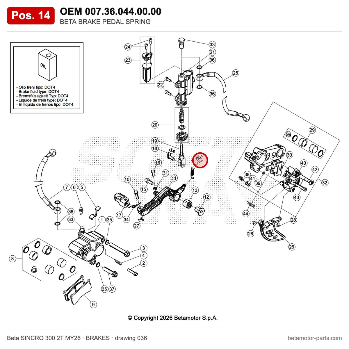 BETA BRAKE PEDAL SPRING – OEM 007.36.044.00.00, position 14 on the Beta SINCRO 300 2T MY26 brakes drawing
