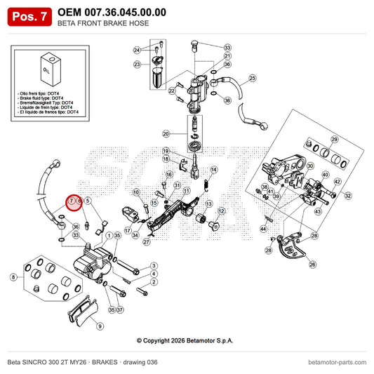 BETA FRONT BRAKE HOSE – OEM 007.36.045.00.00, position 7 on the Beta SINCRO 300 2T MY26 brakes drawing