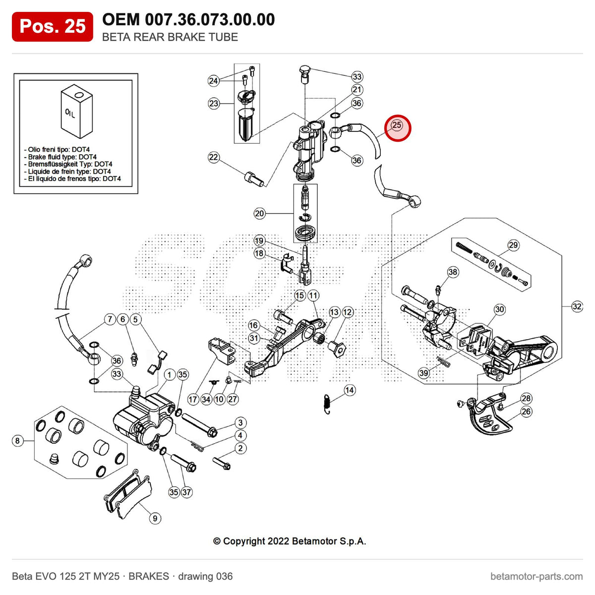 BETA REAR BRAKE TUBE – OEM 007.36.073.00.00, position 25 on the Beta EVO 125 2T MY25 brakes drawing