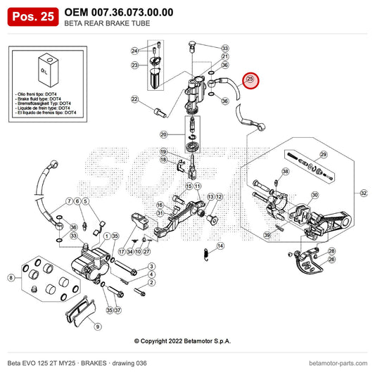 BETA REAR BRAKE TUBE – OEM 007.36.073.00.00, position 25 on the Beta EVO 125 2T MY25 brakes drawing