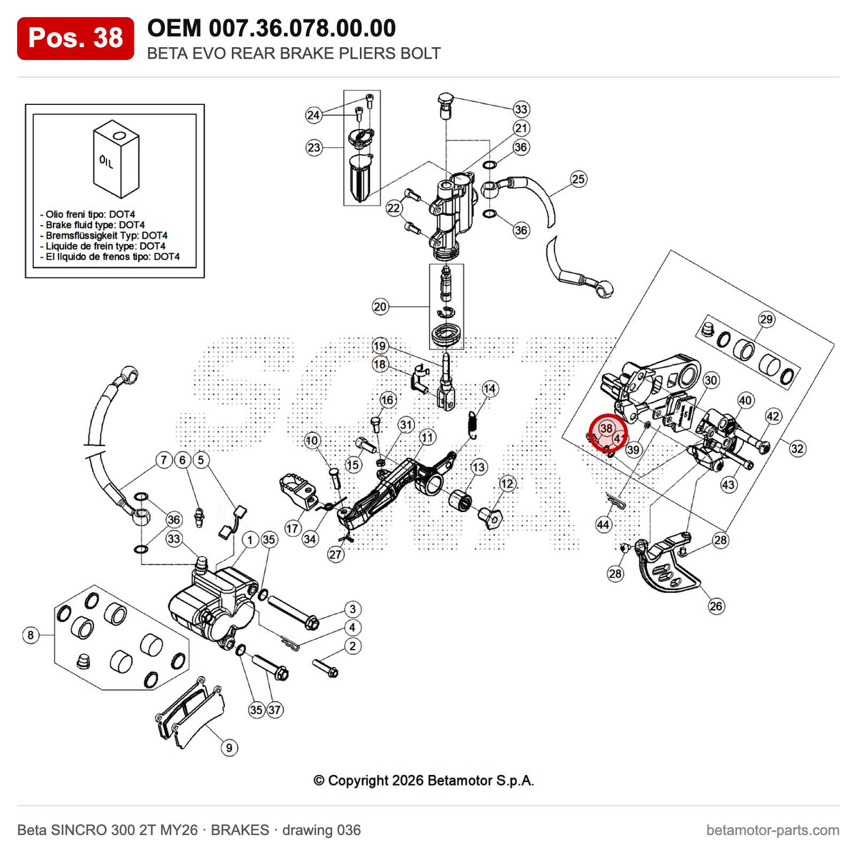 BETA EVO REAR BRAKE PLIERS BOLT – OEM 007.36.078.00.00, position 38 on the Beta SINCRO 300 2T MY26 brakes drawing