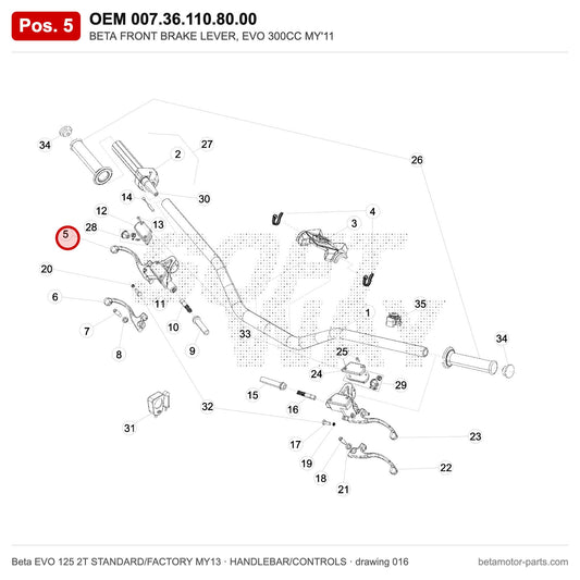 BETA FRONT BRAKE LEVER, EVO 300CC MY'11 – OEM 007.36.110.80.00, position 5 on the Beta EVO 125 2T STANDARD/FACTORY MY13 handlebar/controls drawing