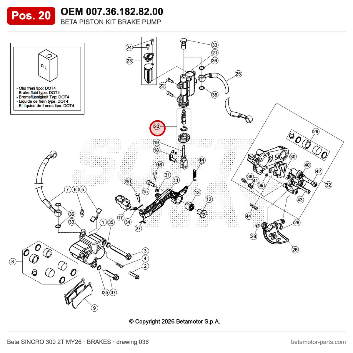 BETA PISTON KIT BRAKE PUMP – OEM 007.36.182.82.00, position 20 on the Beta SINCRO 300 2T MY26 brakes drawing