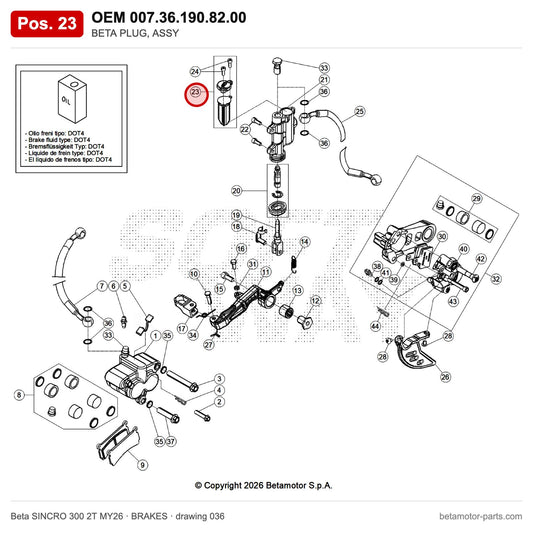 BETA PLUG, ASSY – OEM 007.36.190.82.00, position 23 on the Beta SINCRO 300 2T MY26 brakes drawing