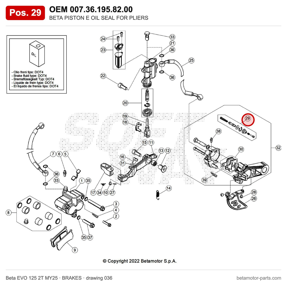 BETA PISTON E OIL SEAL FOR PLIERS – OEM 007.36.195.82.00, position 29 on the Beta EVO 125 2T MY25 brakes drawing