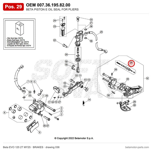 BETA PISTON E OIL SEAL FOR PLIERS – OEM 007.36.195.82.00, position 29 on the Beta EVO 125 2T MY25 brakes drawing