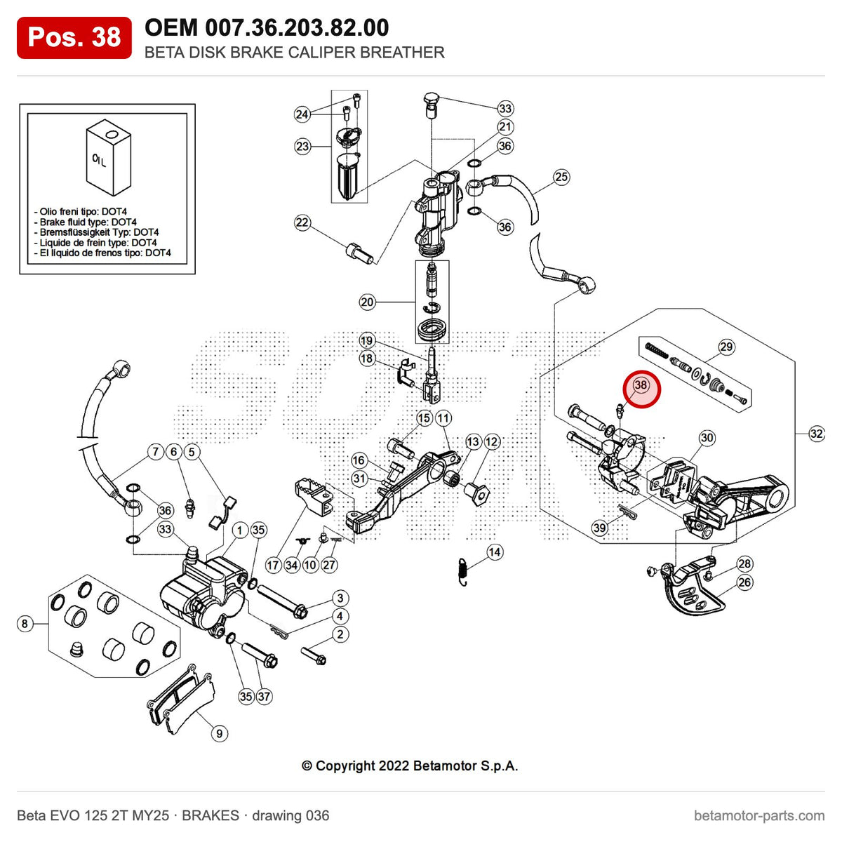 BETA DISK BRAKE CALIPER BREATHER – OEM 007.36.203.82.00, position 38 on the Beta EVO 125 2T MY25 brakes drawing