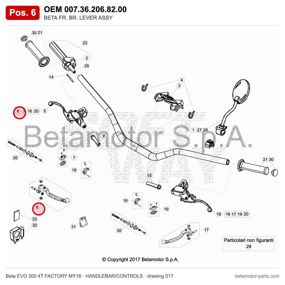BETA FR. BR. LEVER ASSY – OEM 007.36.206.82.00, position 6 on the Beta EVO 300 4T FACTORY MY18 handlebar/controls drawing