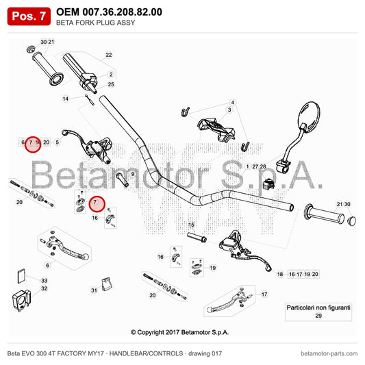 BETA FORK PLUG ASSY – OEM 007.36.208.82.00, position 7 on the Beta EVO 300 4T FACTORY MY17 handlebar/controls drawing