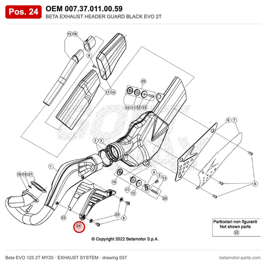 BETA EXHAUST HEADER GUARD BLACK EVO 2T – OEM 007.37.011.00.59, position 24 on the Beta EVO 125 2T MY25 exhaust system drawing