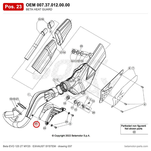 BETA HEAT GUARD – OEM 007.37.012.00.00, position 23 on the Beta EVO 125 2T MY25 exhaust system drawing