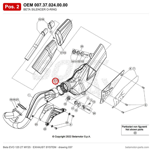 BETA SILENCER O-RING – OEM 007.37.024.00.00, position 2 on the Beta EVO 125 2T MY25 exhaust system drawing