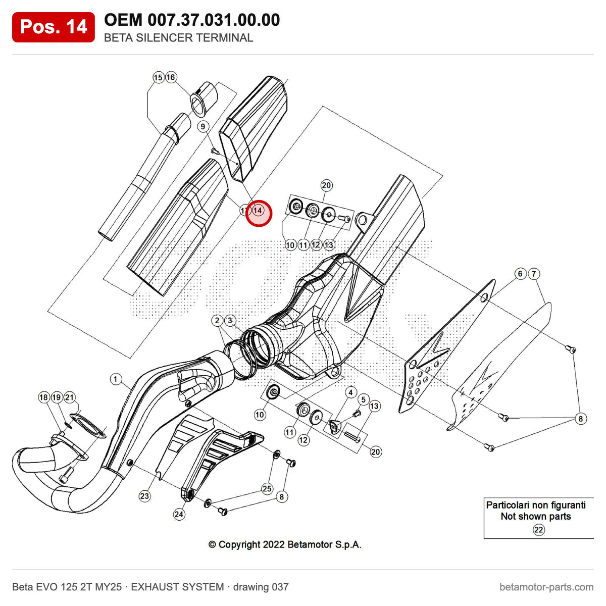 BETA SILENCER TERMINAL – OEM 007.37.031.00.00, position 14 on the Beta EVO 125 2T MY25 exhaust system drawing