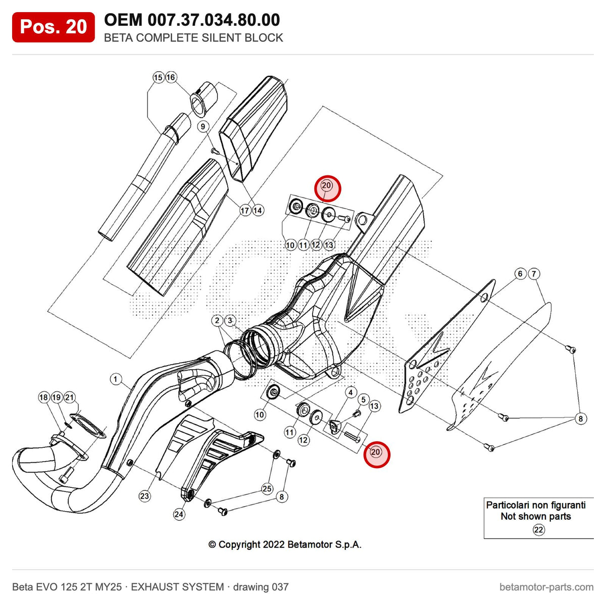 BETA COMPLETE SILENT BLOCK – OEM 007.37.034.80.00, position 20 on the Beta EVO 125 2T MY25 exhaust system drawing