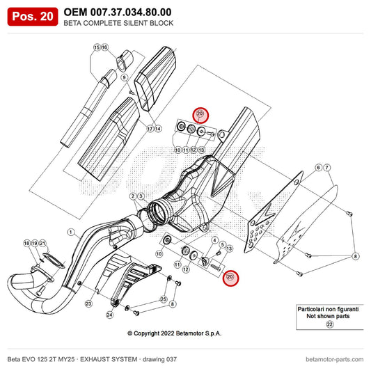 BETA COMPLETE SILENT BLOCK – OEM 007.37.034.80.00, position 20 on the Beta EVO 125 2T MY25 exhaust system drawing