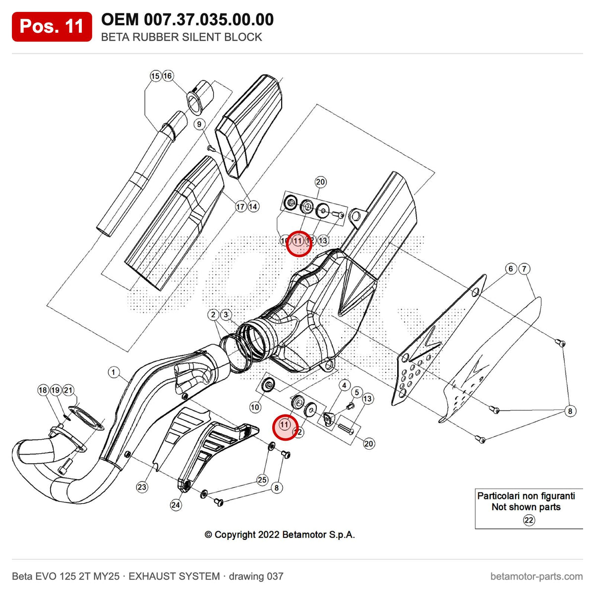 BETA RUBBER SILENT BLOCK – OEM 007.37.035.00.00, position 11 on the Beta EVO 125 2T MY25 exhaust system drawing