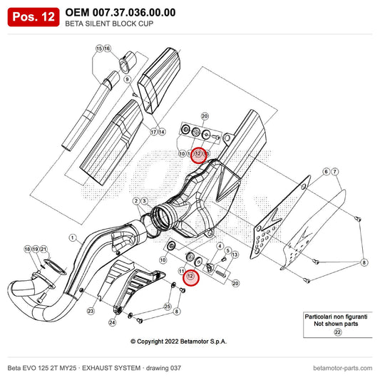 BETA SILENT BLOCK CUP – OEM 007.37.036.00.00, position 12 on the Beta EVO 125 2T MY25 exhaust system drawing