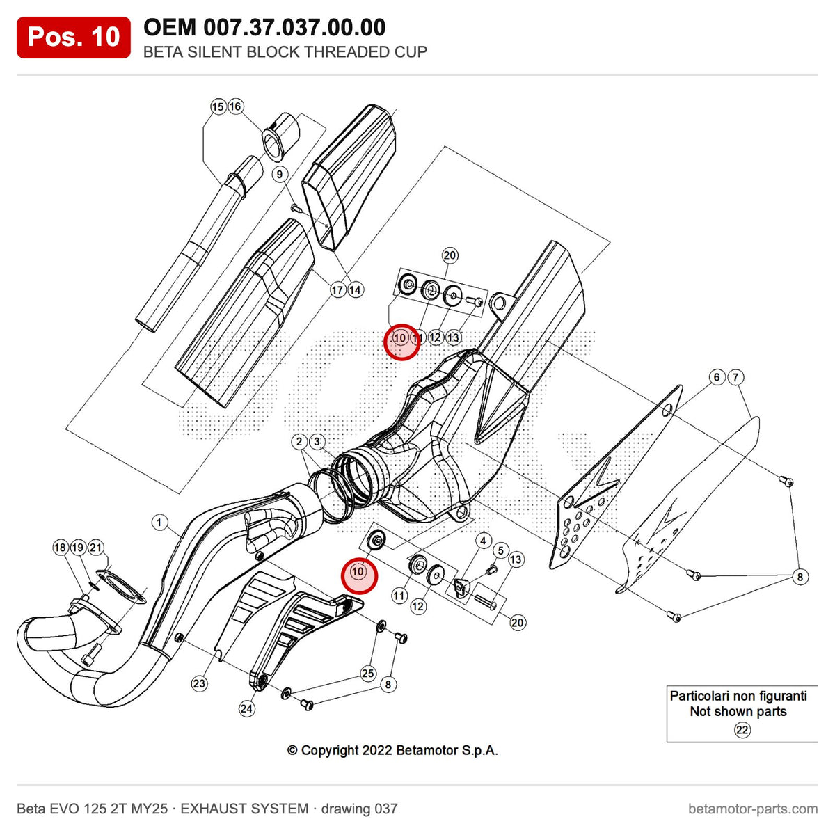 BETA SILENT BLOCK THREADED CUP – OEM 007.37.037.00.00, position 10 on the Beta EVO 125 2T MY25 exhaust system drawing