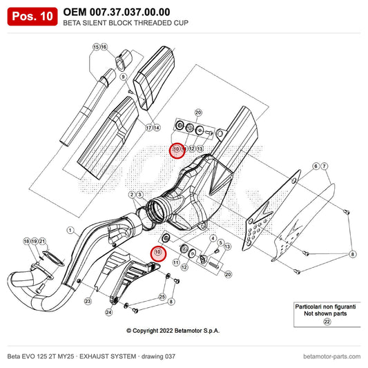 BETA SILENT BLOCK THREADED CUP – OEM 007.37.037.00.00, position 10 on the Beta EVO 125 2T MY25 exhaust system drawing