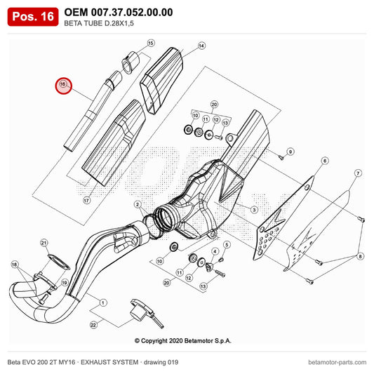 BETA TUBE D.28X1,5 – OEM 007.37.052.00.00, position 16 on the Beta EVO 200 2T MY16 exhaust system drawing