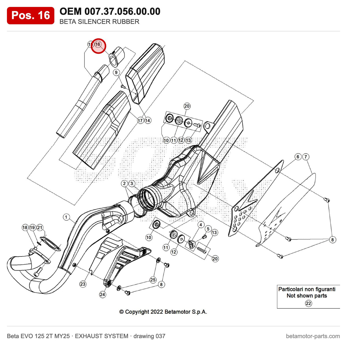 BETA SILENCER RUBBER – OEM 007.37.056.00.00, position 16 on the Beta EVO 125 2T MY25 exhaust system drawing