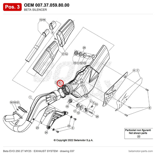 BETA SILENCER – OEM 007.37.059.80.00, position 3 on the Beta EVO 250 2T MY25 exhaust system drawing