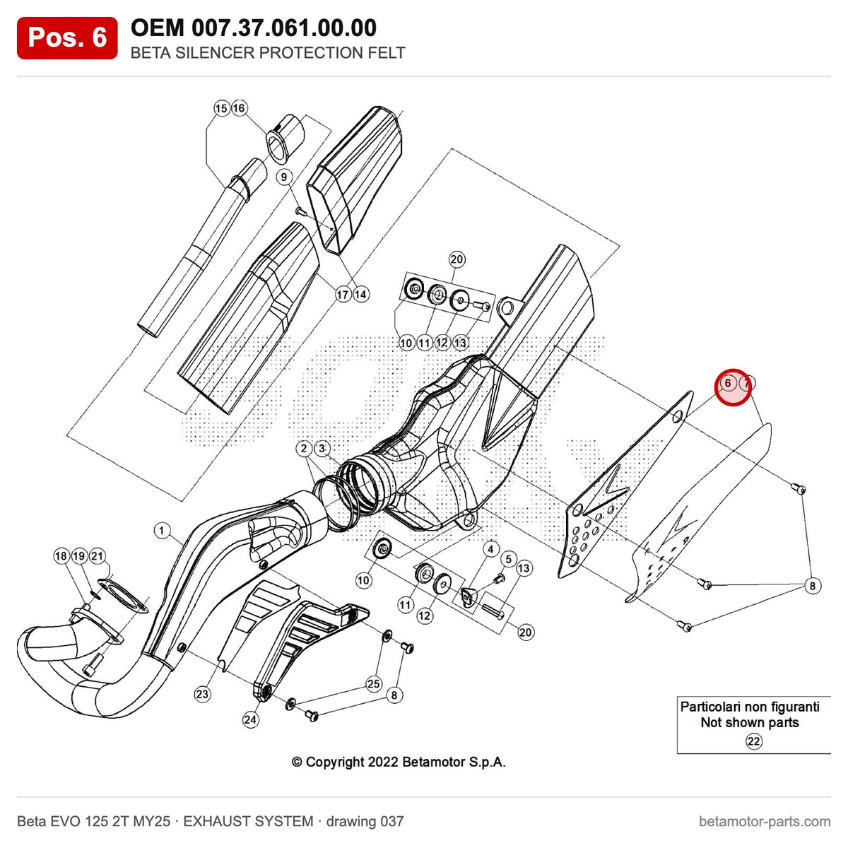 BETA SILENCER PROTECTION FELT – OEM 007.37.061.00.00, position 6 on the Beta EVO 125 2T MY25 exhaust system drawing