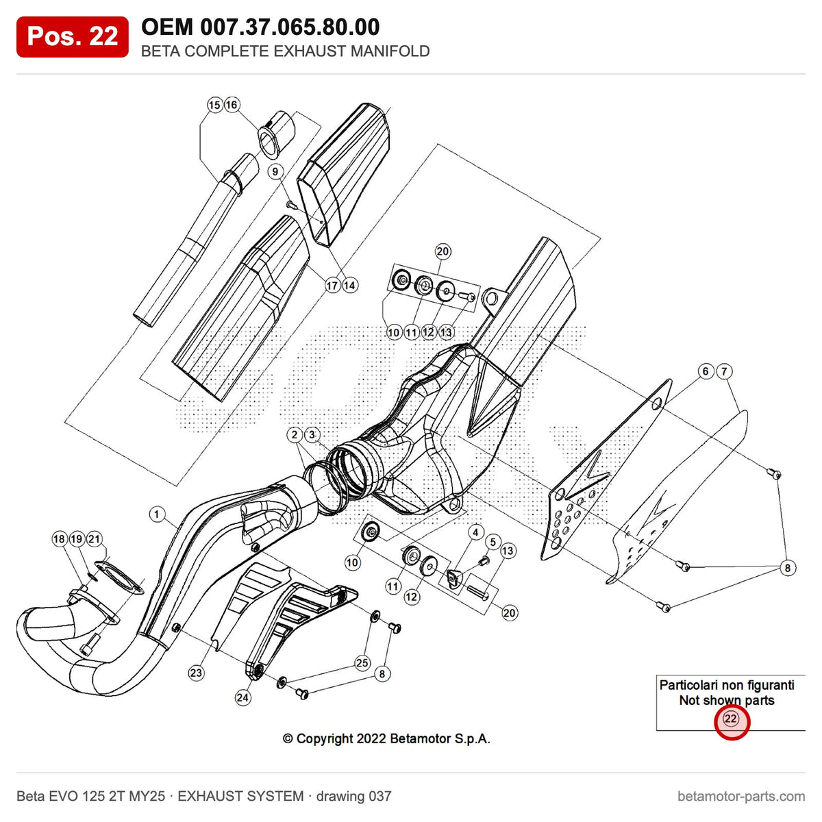 BETA COMPLETE EXHAUST MANIFOLD – OEM 007.37.065.80.00, position 22 on the Beta EVO 125 2T MY25 exhaust system drawing