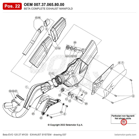 BETA COMPLETE EXHAUST MANIFOLD – OEM 007.37.065.80.00, position 22 on the Beta EVO 125 2T MY25 exhaust system drawing