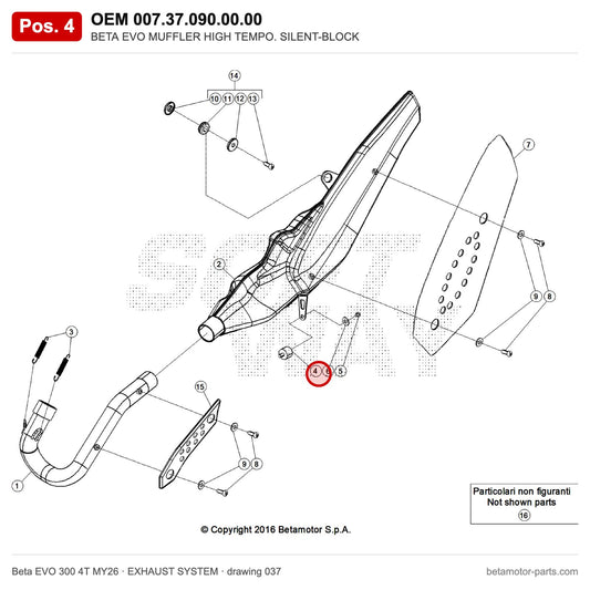 BETA EVO MUFFLER HIGH TEMPO. SILENT-BLOCK – OEM 007.37.090.00.00, position 4 on the Beta EVO 300 4T MY26 exhaust system drawing