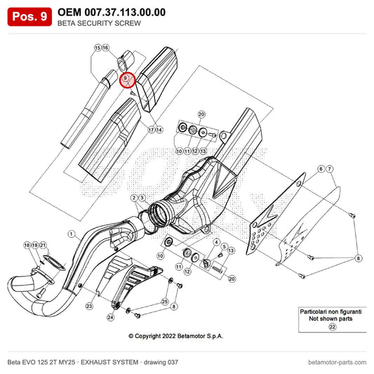 BETA SECURITY SCREW – OEM 007.37.113.00.00, position 9 on the Beta EVO 125 2T MY25 exhaust system drawing