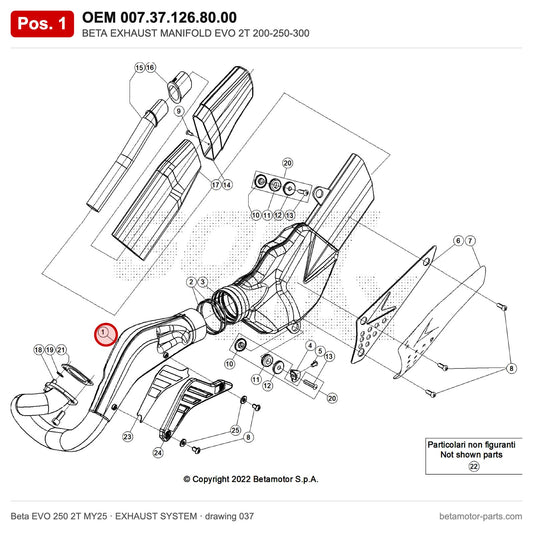 BETA EXHAUST MANIFOLD EVO 2T 200-250-300 – OEM 007.37.126.80.00, position 1 on the Beta EVO 250 2T MY25 exhaust system drawing