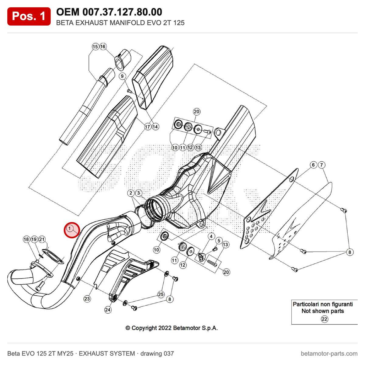 BETA EXHAUST MANIFOLD EVO 2T 125 – OEM 007.37.127.80.00, position 1 on the Beta EVO 125 2T MY25 exhaust system drawing